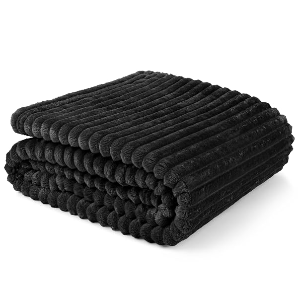 PAVILIA SOFT FLEECE KING BED BLANKET, FUZZY PLUSH FLANNEL, WARM COZY RIBBED MICROFIBER FOR SOFA COUCH, LIGHTWEIGHT STRIPED, BLACK, 108X90