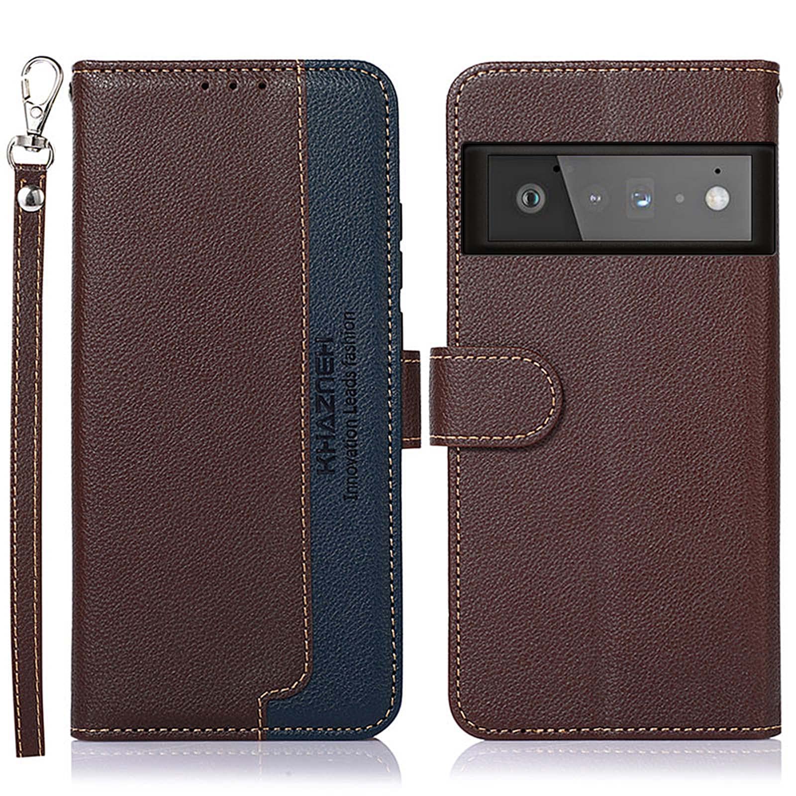 Jeelar NEINEI Leather Case for Google Pixel 6 Pro,Flip Wallet Cover with [RFID Blocking Card Holder] [Magnetic] [Hand Strap],Premium PU/TPU Shockproof Phone Protection Case,Brown