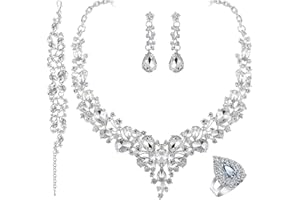 Paxuan Crystal Bridal Wedding Jewelry Sets for Women Rhinestone Teardrop Crystal Statement Choker Necklace Drop Earrings Link Bracelets Rings Teardrop Jewelry Set for Brides Bridesmaids