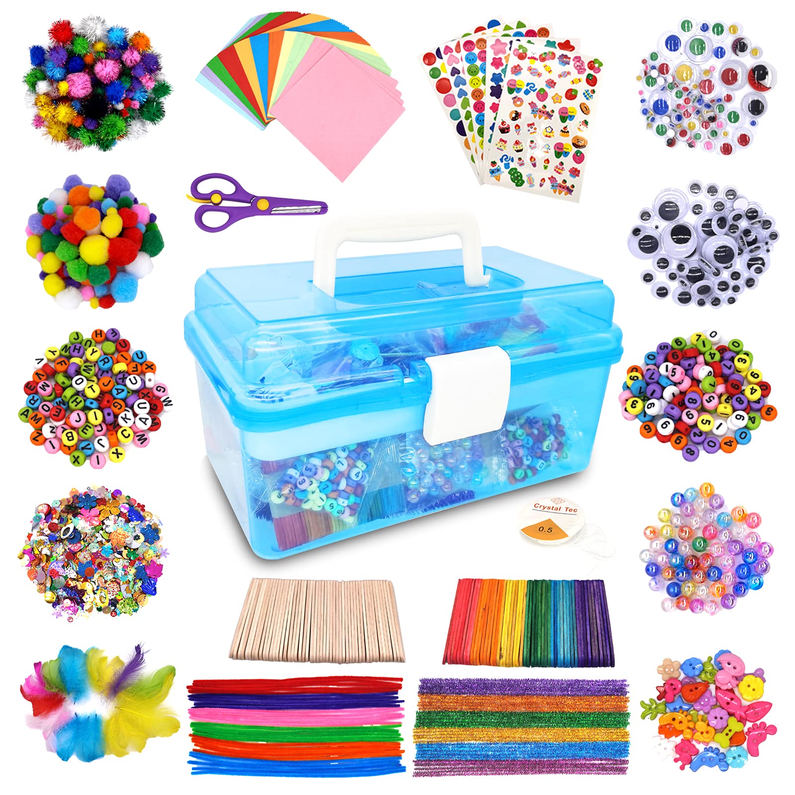 obqo 1000+ Pcs Kids Craft Box Kit, Toddler Arts and Crafts for Kids Includes Pom Poms, Pipe Cleaners, Feather, Folding Craft Box - All in One for Kids Toddler DIY Craft Set(Blue)