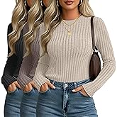 Velvelhall 3 Pack Women's Fitted Ribbed Sweaters Tops, Long Sleeve Crew Neck Slim Fit Thermal Fall Winter Base Sweater