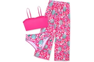 Vogseek 6-16T Girls 3 Pieces Bikini Bathing Suit with Rash Guard Pants Quick Dry Swimwear Cover-Up Sets