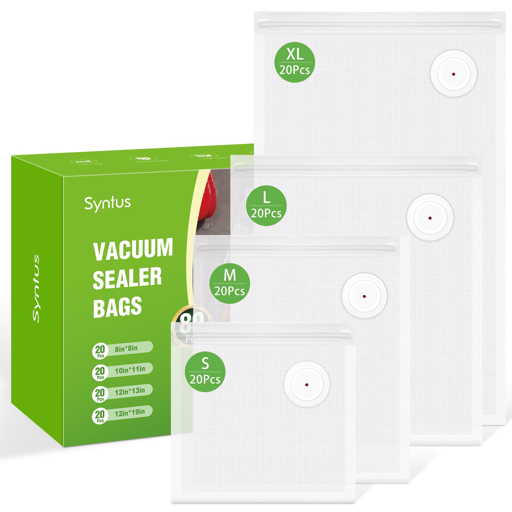 Photo 1 of [2026 Upgraded] Syntus 80 Pcs Vacuum Sealer Bags for Food, Reusable BPA-Free Food Storage Bags for Sous Vide Microwave Heating, Air Valve Zipper Bags (20 Small+20 Medium+20 Large+20 Extra Large)
