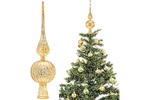 Gejoy Mercury Glass Finial Christmas Tree Topper 12 Inches Vintage Spherical Xmas Tree Topper Mid Century Christmas Ornament for Home Xmas Holiday Party Decorations(Golden)