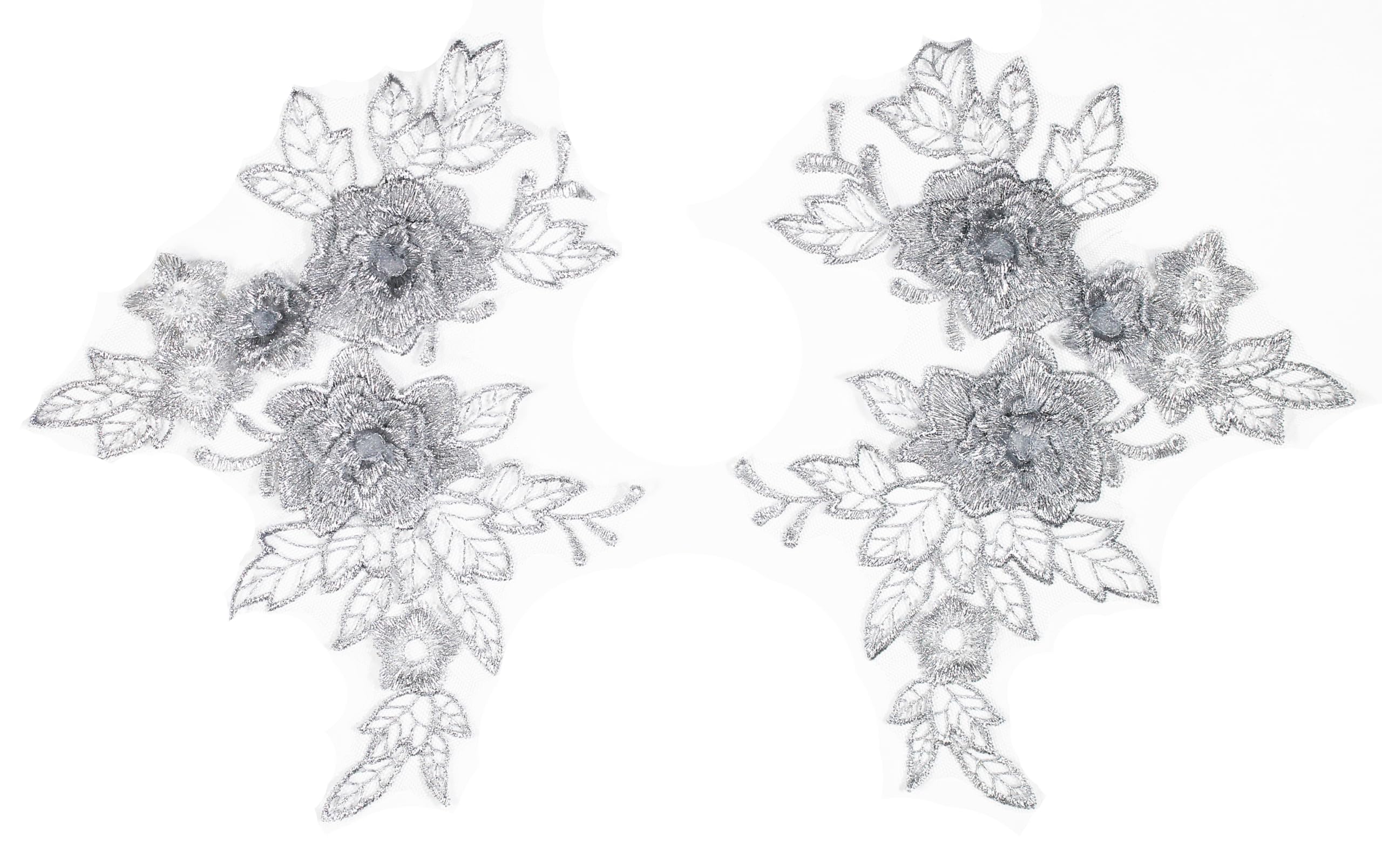 2 Pieces x 3D Lace Applique Motifs Flower Patch Mesh Sew on #LCD005 (Metallic Silver)