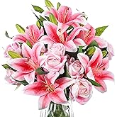 Hotop 20 Pcs Artificial Flowers Valentine's Day Velvet Realistic Roses and Latex Lilies Flowers Bouquet Decorations Arrangements for Home Table Centerpieces Wedding Decor(Pink)
