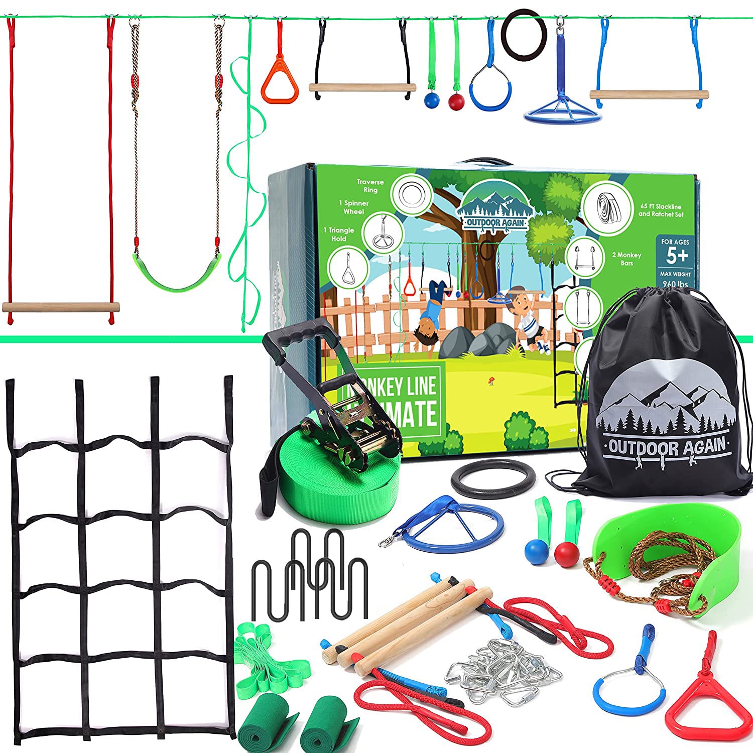 Photo 1 of **It is used, it is missing a part and it is not known if it works 100%**Ninja Warrior Obstacle Course for Kids – 2 x 65ft Slackline with 13 Obstacles, Weatherproof, Adjustable Difficulty, Safe Setup on Trees or Posts, Supports Up to 880lbs, Fun Outdoor N