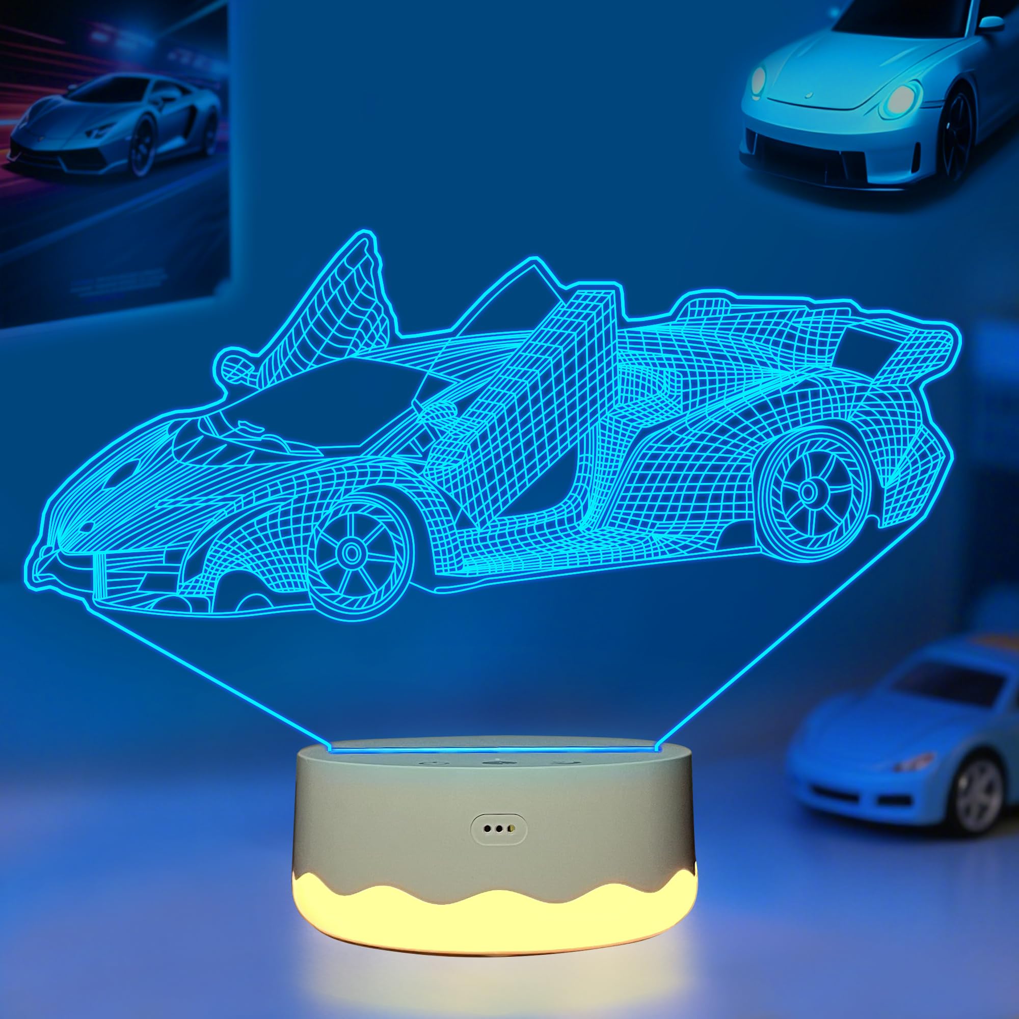 CooPark Car 3D Night Light, LED Racing Illusion Lamp with 16 Color Changing & Remote Control + Timer + Warm White Light, Best Birthday Vehicle Gift for Boys Men Kids