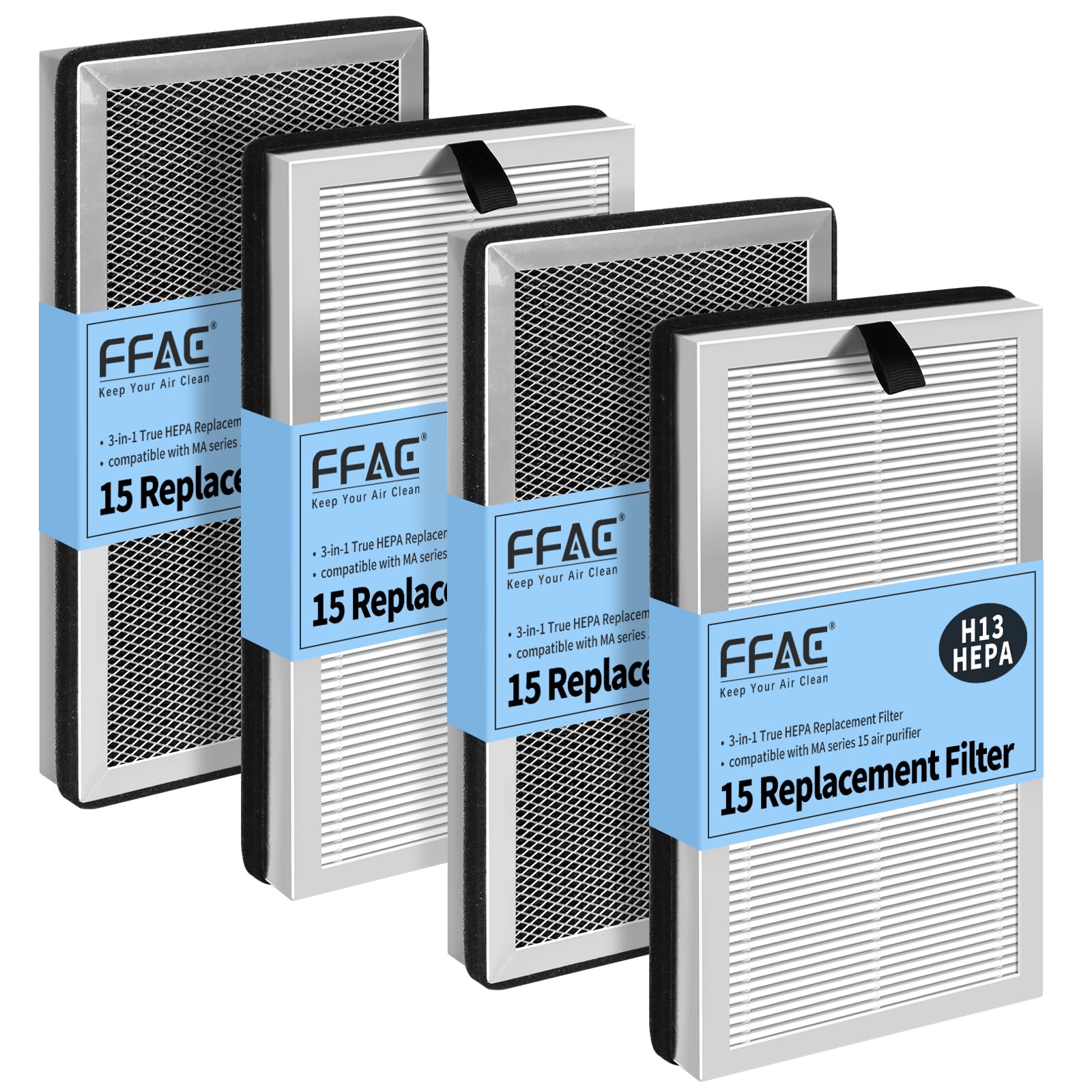 FFAC MA15 Replacement Filter Compatible with MA-15 Air Purifier, 3-in-1 Filtration System of MA15 Filters, H13 True HEPA and Activated Carbon Filter, 4 Pack