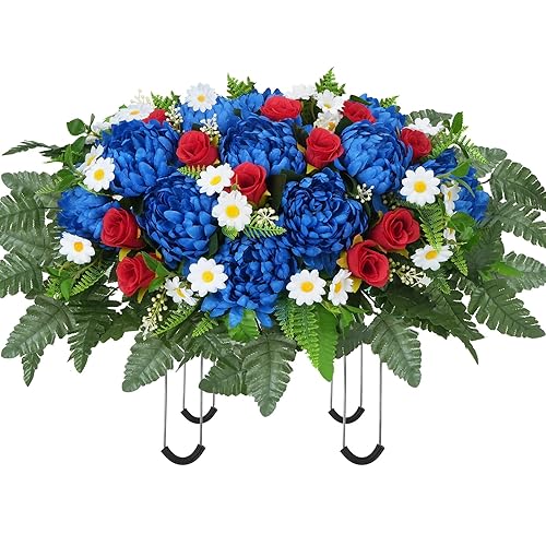 MHMJON Artificial Cemetery Flowers Saddles Outdoor Grave Decoration, Realistic Vibrant Fake Mums with Silk Red Rose Floral Arrangement Saddle for Headstone Grave Tombstone Autumn Christmas Decor