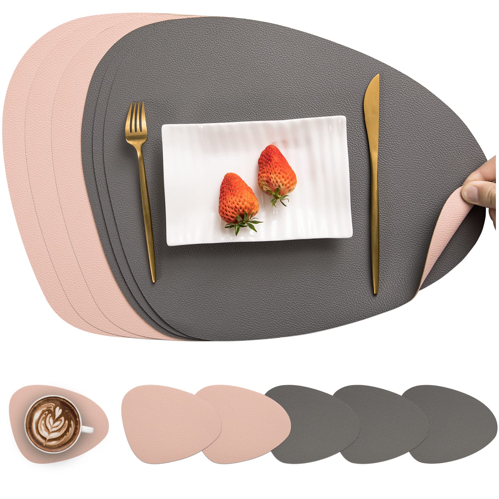 Myir JUN Leather Table Mats and Coasters, Placemat Round PU Waterproof Dual-Sided Kitchen Place Mats Coffee Mats Non-Slip Washable Placemats and Coaster Sets 6 (Set of 6, Gray Pink)