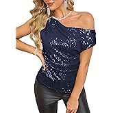 FOLUNSI Women's Off Shoulder Sequin Top Sparkly Glitter Shirts Asymmetrical Ruched Blouses Party Cocktail Tops S-XL
