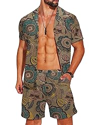 COOFANDY Men's 2 piece Short Set Hawaiian Guayabera