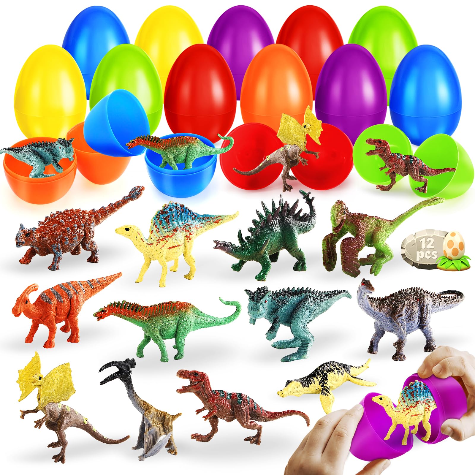 Shemira 12 Pack Easter Eggs Filled with Dinosaur Toys, Easter Basket Stuffers Fillers for Kids, Easter Eggs Hunt Event, Easter Party Favors, Easter Classroom Prizes, Easter Toys Gifts For Kids Boys