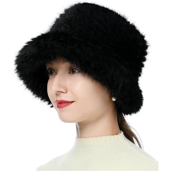 Furry Faux Fur Bucket Hat For Women Warm Winter Plush Fully Fisherman Cap(Black Fur) At Women's Clothing Store