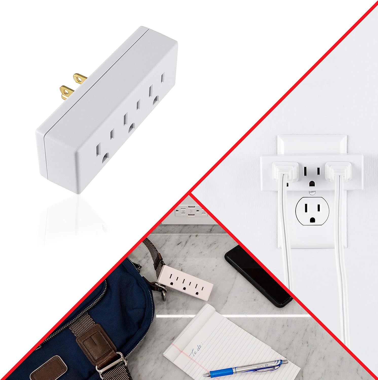 GE UltraPro 3-Outlet Grounded Adapter Wall Tap Plug, 3 Pack, Indoor Rated, 3 Prong, White, 47884 - - 