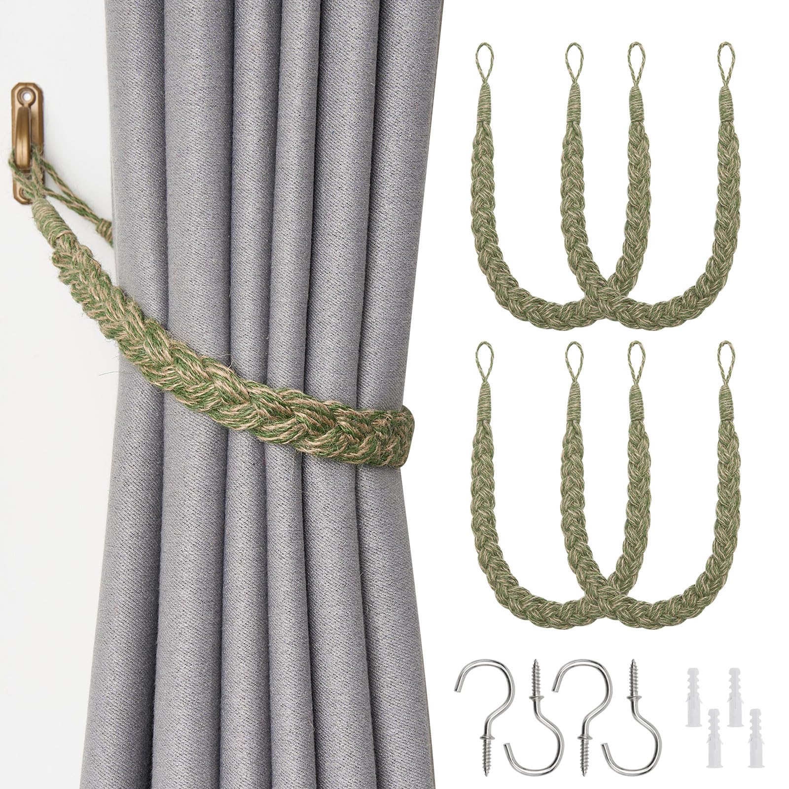 Pretty Jolly 4 Pack Natural Jute Rope Curtain Tiebacks Boho Rustic Style Decorative Drape Tie Backs Elegant Hand-Woven Rope Curtain Holdbacks with Metal Hook for Home & Office Drapery (Jute-Green)