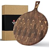 XINZUO Acacia Wood End-Grain Round Cutting Board with Handle for Kitchen Bread Pizza Cheese Fruit Charcuterie Serving Cutting Board, Two-sided Use, 16.7 x 12.5 x 0.75 inches