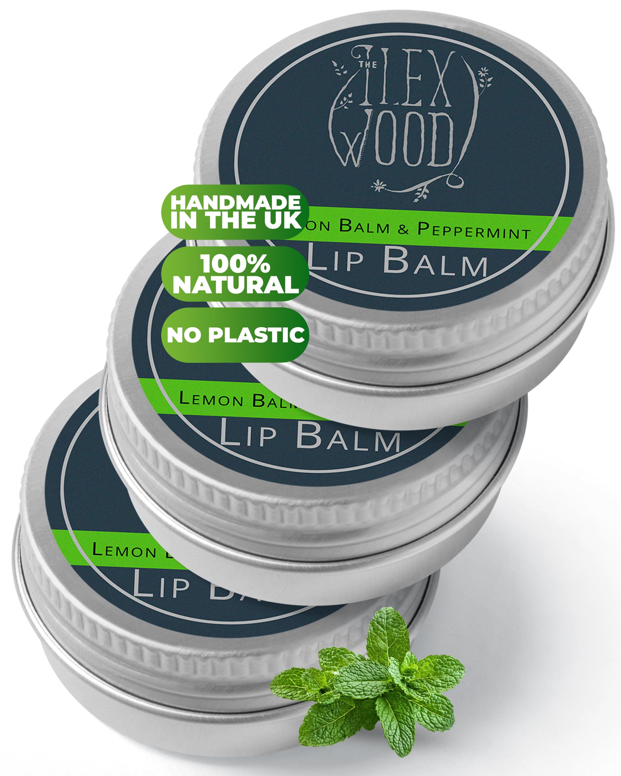 The Ilex Wood - Lemon Balm and Peppermint Lip Balm Pack of 3 - All natural, coldsore prevention, palm oil free, cruelty free, plastic free, moisturising lip balm, handcrafted in the UK - 3 x 10ml