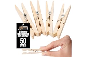 GORILLA GRIP Strong Hold Natural Birchwood Wooden Clothes Pins, 50 Pack Standard 2.9" Rust Resistant Laundry Clip Hangers, Wood Clothespins for Chip Bag, Hanging Photos, Art Crafts, Multipurpose Clips