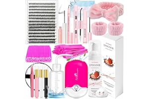 DNSGOOR DIY Lash Extension Kit with 280 PCS 9-16mm 40D Lashes Clusters 200ml/6.7fl.oz Lash Cleanser Eyelash Shampoo Mini USB Portable Lash Fan Bond and Seal Remover Eyeliner Eyelid Cleaning Brush