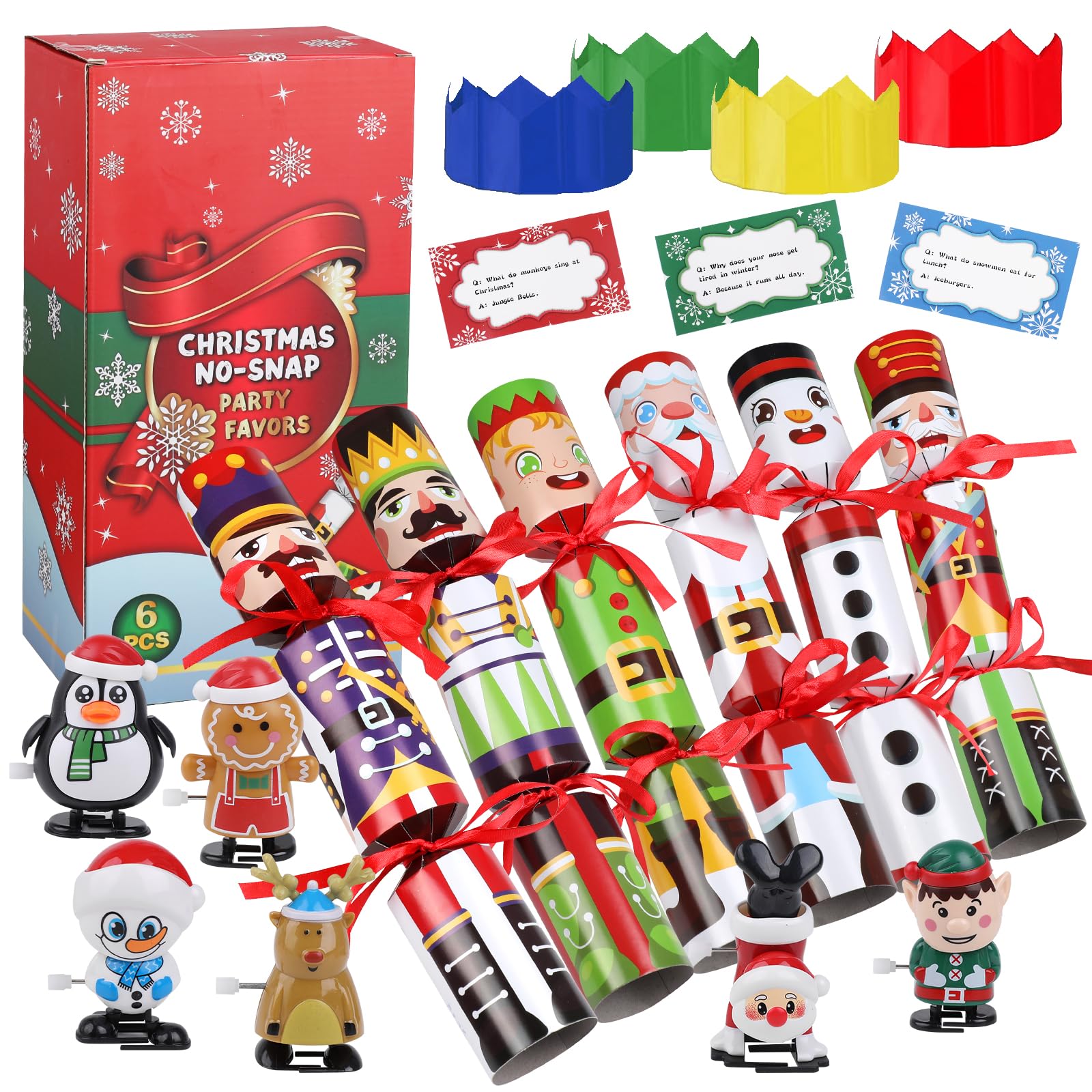 DERAYEE 6 Pack Christmas Crackers Christmas Wind Up Toys and Party Hats for Kids and Adults