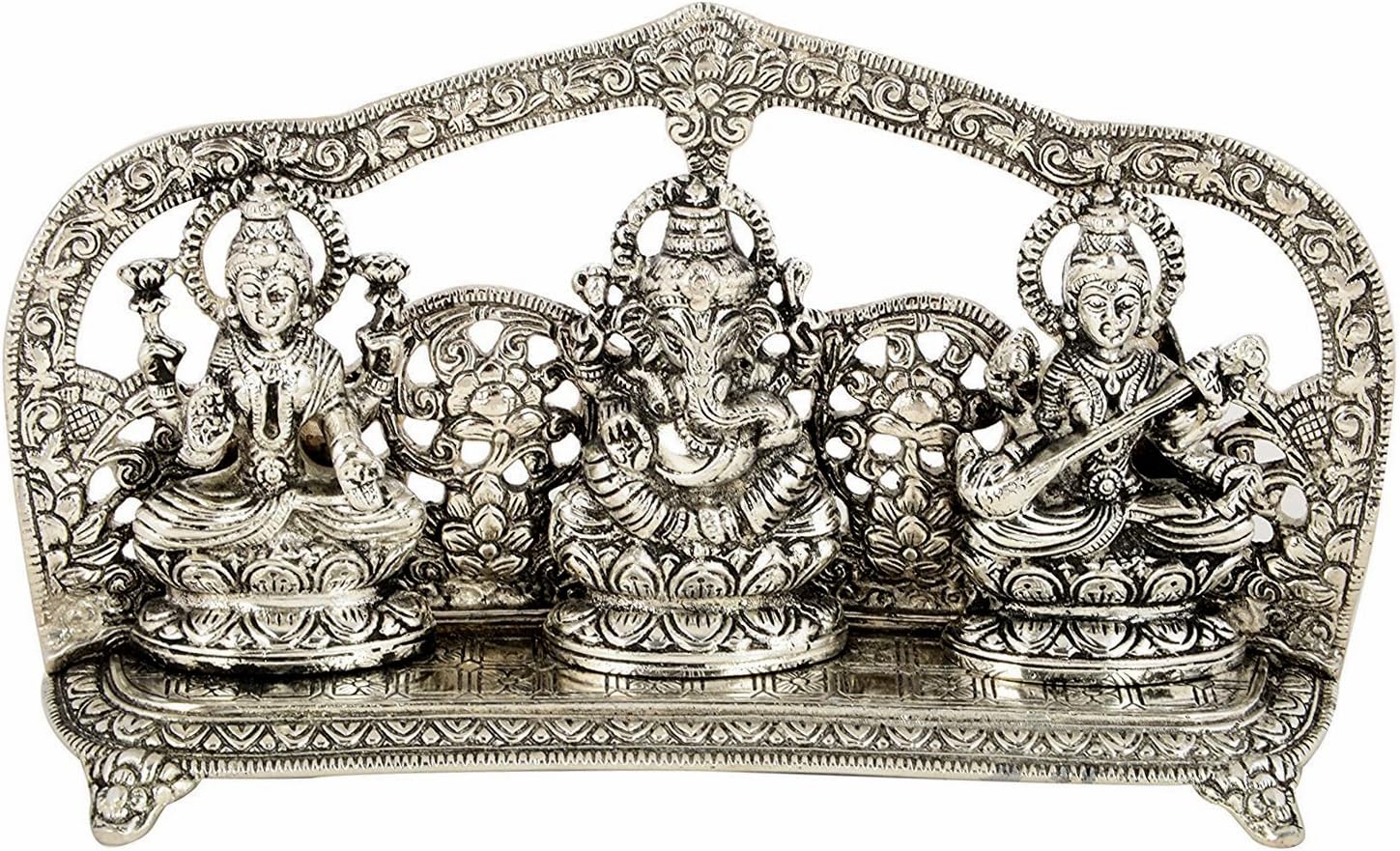 Silver Plated Laxmi Ganesh Saraswati Statue- Idol Fine Carving