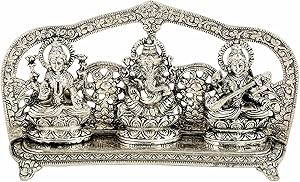 Silver Plated Laxmi Ganesh Saraswati Statue- Idol Fine Carving
