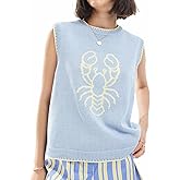 GUCURIN Women Knit Vest Lobster Graphic Sleeveless Loose Fit Pullover Sweater Vest Y2k Going Out Top (Light Blue,XL)