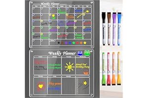 KEUKENKET Magnetic Acrylic Calendar for Fridge, 2Pack Monthly & Weekly Dry Erase Calendar for Fridge, Clear Magnetic Calendar for Fridge, Reusable Fridge Calendar Planning Boards with 8 Colorful Markers