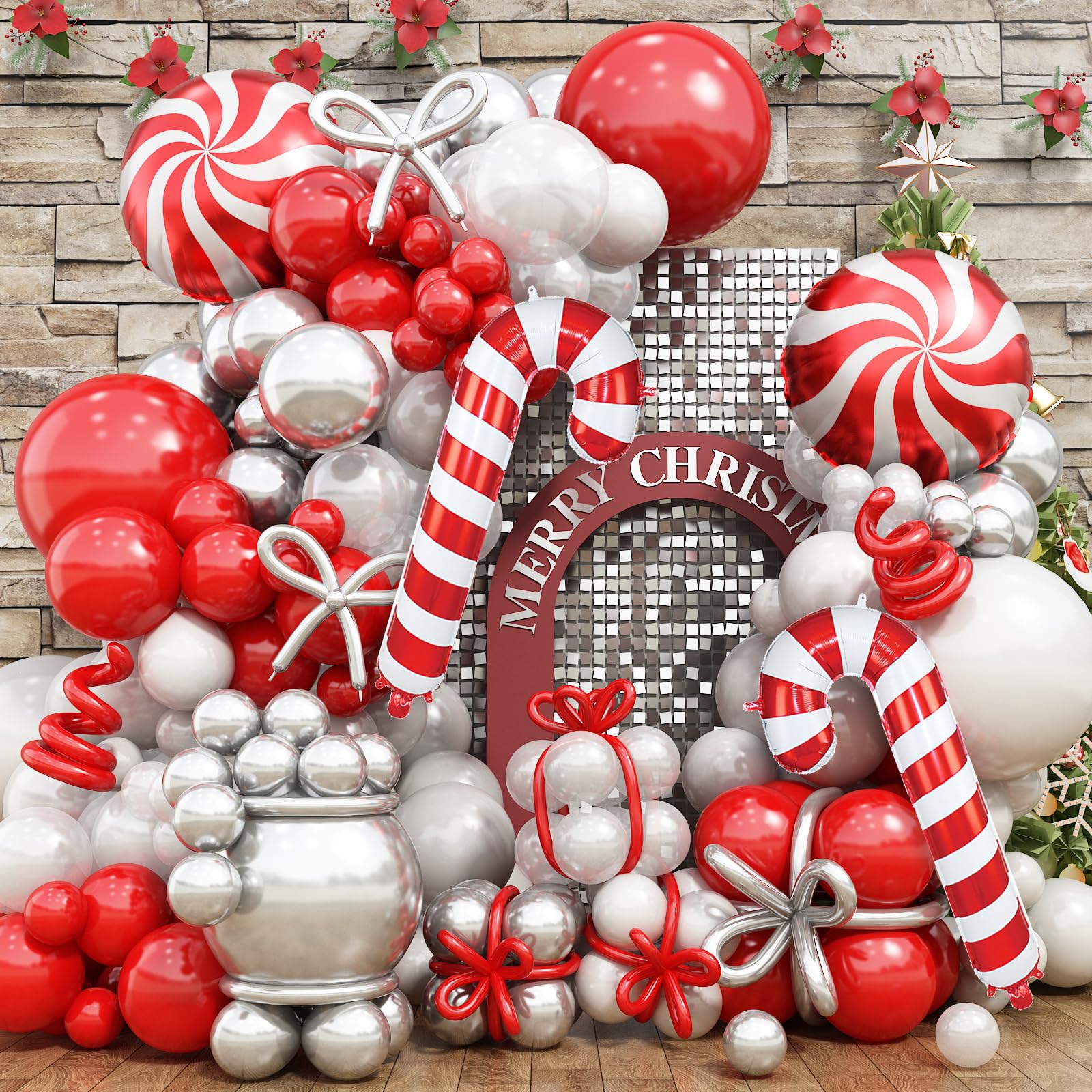 Christmas Balloons Arch Garland Kit, 131 Pcs Christmas Red Silver Pearl White Balloon with Big Cane Windmill Foil Balloon 18 inch *9, Metallic Silver Red Long Balloons for Xmas Christmas Decorations