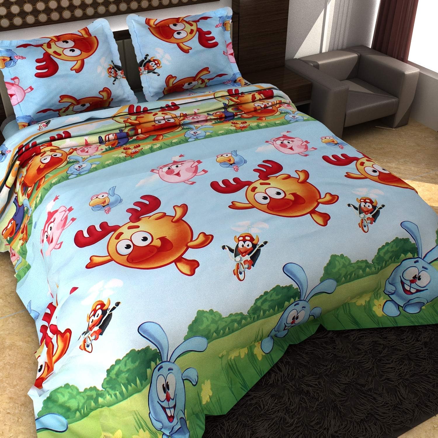 Dream Weaverz 260 Tc Cotton 5d Print Double Bedsheet with 2 Pillow Covers - Queen Size, Light Blue