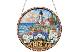 Lxmsja Coastal Welcome Sign Diamond Painting Ornament Kits, DIY 5D Double-Sided Beach Lighthouse Diamond Art Kits for Adults,