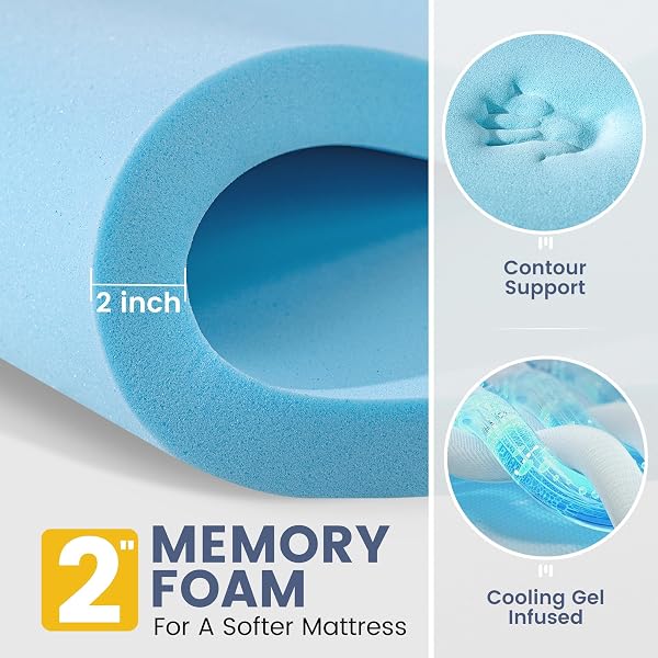 QUEEN SIZE-DUAL LAYER 3 INCH PILLOW TOP MATTRESS TOPPER, 1 INCH COOLING PILLOW TOPPER AND 2 INCH GEL MEMORY FOAM BED MATTRESS TOPPER FOR BACK PAIN & COMFORT SLEEP