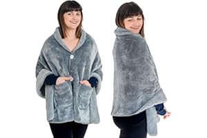 EZRALLORA Premium Double Layer Poncho Blanket -No Sleeves Easy On Easy Off- Drape and Go- Top Christmas Gifts for Grandma, Gift for Mom and Elderly Women (Silver Grey)