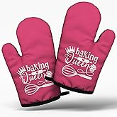 Funny Women Bakrs Cooking and Baking BBQ Kitchen Gadgets with Heat Resistant Silicone Non-Slip, Baking Queen Oven Mitts Set of 2, Gifts for Bake Lover Mom Wife Sister BFF Cake Shop Colleague