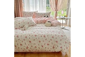 AMZTOP Girls Pink Duvet Cover Set Twin Cherry Fruit Prints Bedding Set 100% Cotton Reversible Pink Geometric Comforter Cover with Zipper Closure(Twin, 68x86Inch)