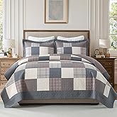DUOHONG 100% Cotton Quilts King Size, King Quilt Bedding Set Bedspread, Patchwork Plaid Quilt for King Bed, 3 Pieces Farmhouse Reversible Lightweight Comforter Bed Spread, Gray/Brown/Beige
