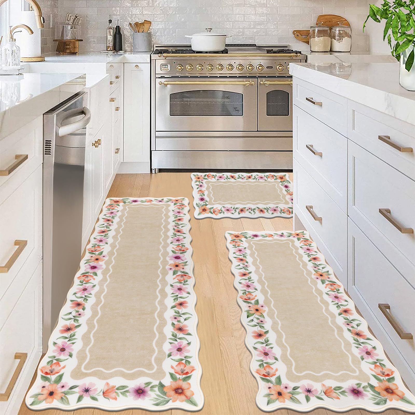 Vaukki Boho Kitchen Rug Sets 3 Pieces, Washable Kitchen Mats for Floor, Non Slip Soft Kitchen Area Rug Floor Mat for Kitchen, Laundry Room and Hallway (Flower-Beige, 20''x32''+20''x47''+20''x59'') Image