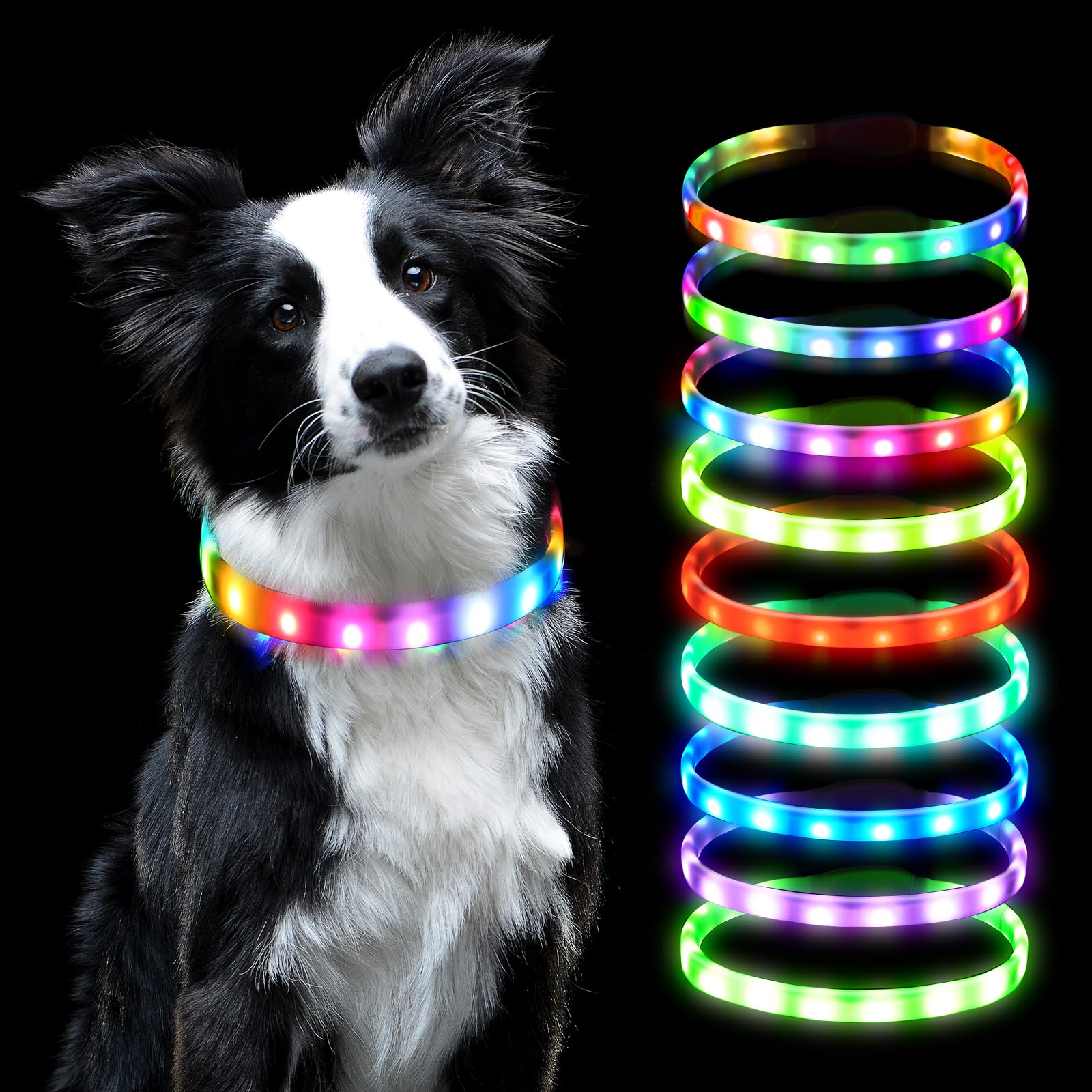 AUAUY LED Light Up Dog Collar, USB Rechargeable with Water Resistant Reflective Light Up Dogs Collar Flashing Light for the Dark Can Arbitrarily Cut to Size Collars for Any Dogs - Multicolor