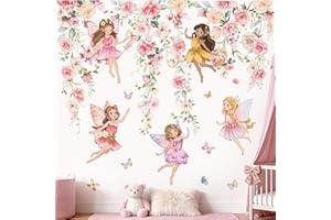 wondever Watercolor Flower Fairy Wall Stickers Pink Floral Girls Butterfly Peel and Stick Wall Art Decals for Baby Nursery Ki