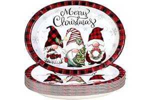 Grencian 50 PCS Christmas Oval Paper Plates 10" x 12" Large Christmas Gnomes Plates Disposable Red Black Buffalo Plaid Xmas Gnome Platter Dinner Tableware for Xmas Winter Holiday Party Supplies