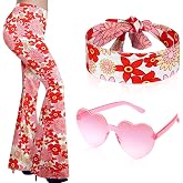 Tisancy 3 Pcs Halloween 60s 70s Disco Costume for Women | Vintage Hippie Costume, Disco Flared Pants, Groovy Headscarf and Glasses, for Halloween Decades Outfit Party Accessories