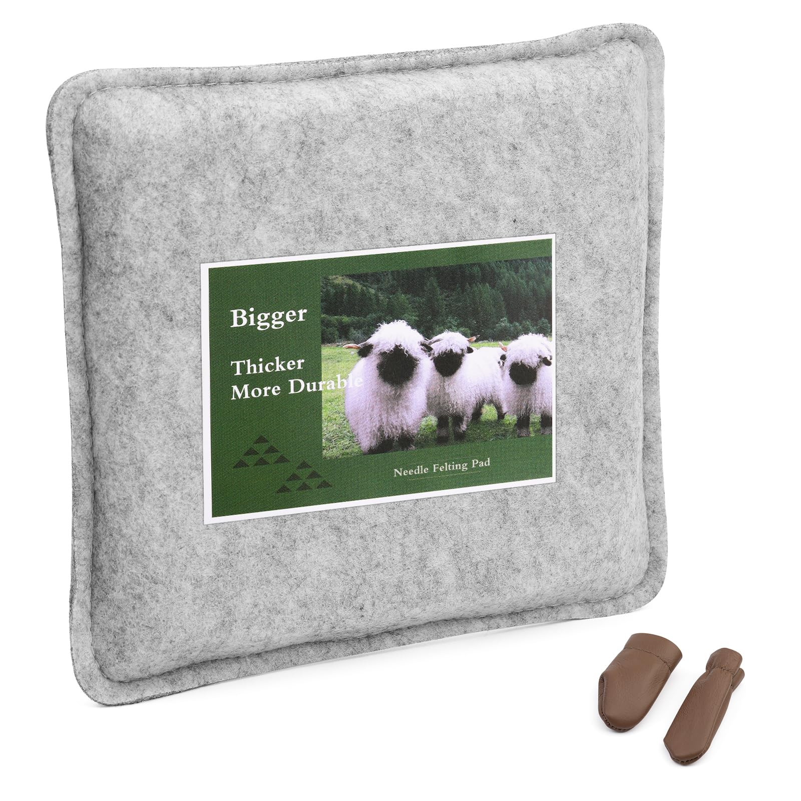 BUOKKON Needle Felting Pad, 7.08 x 7.87 Inch Grey Sponge Mat with 2 Leather Finger Cot, Accommodates Any Felting Project, for Beginners Crochet Knitting Felting Projects Tool