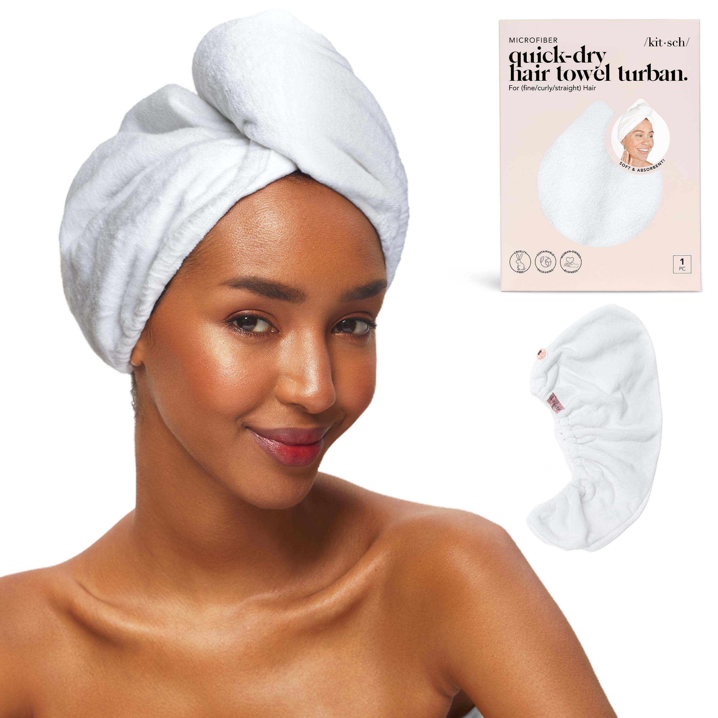 Kitsch Microfiber Hair Towel Wrap for Women - Microfiber Towel, Super Absorbent, Quick Dry, Anti-Frizz - For Long and Short Hairs, Turbans for Women, Hair Wrap - White