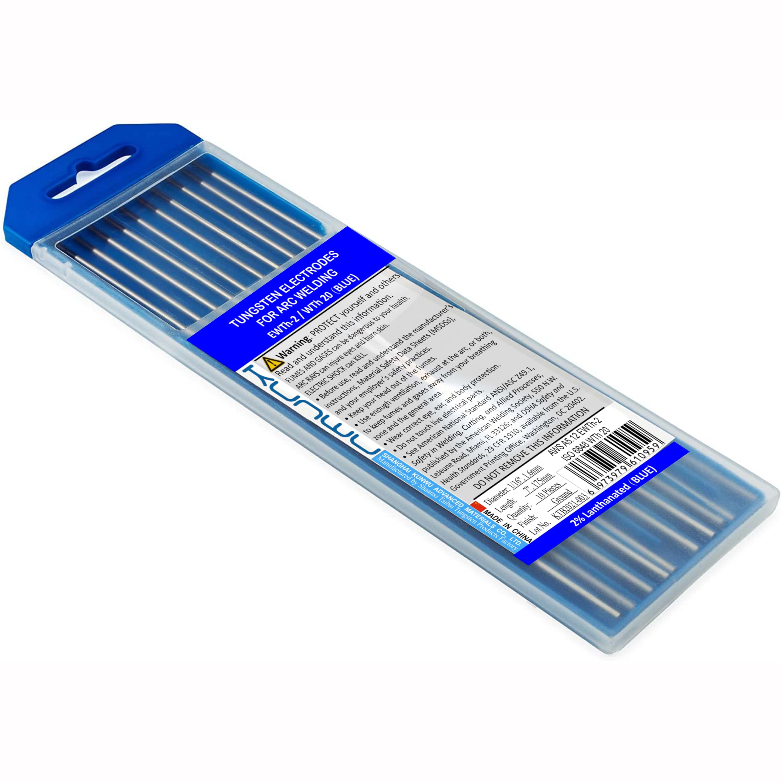 KUnWU TIG Welding Tungsten Electrode 2.0% Lanthanated Rod (Blue, EWLa20) 10-Pack (1/16inchx 7inch)