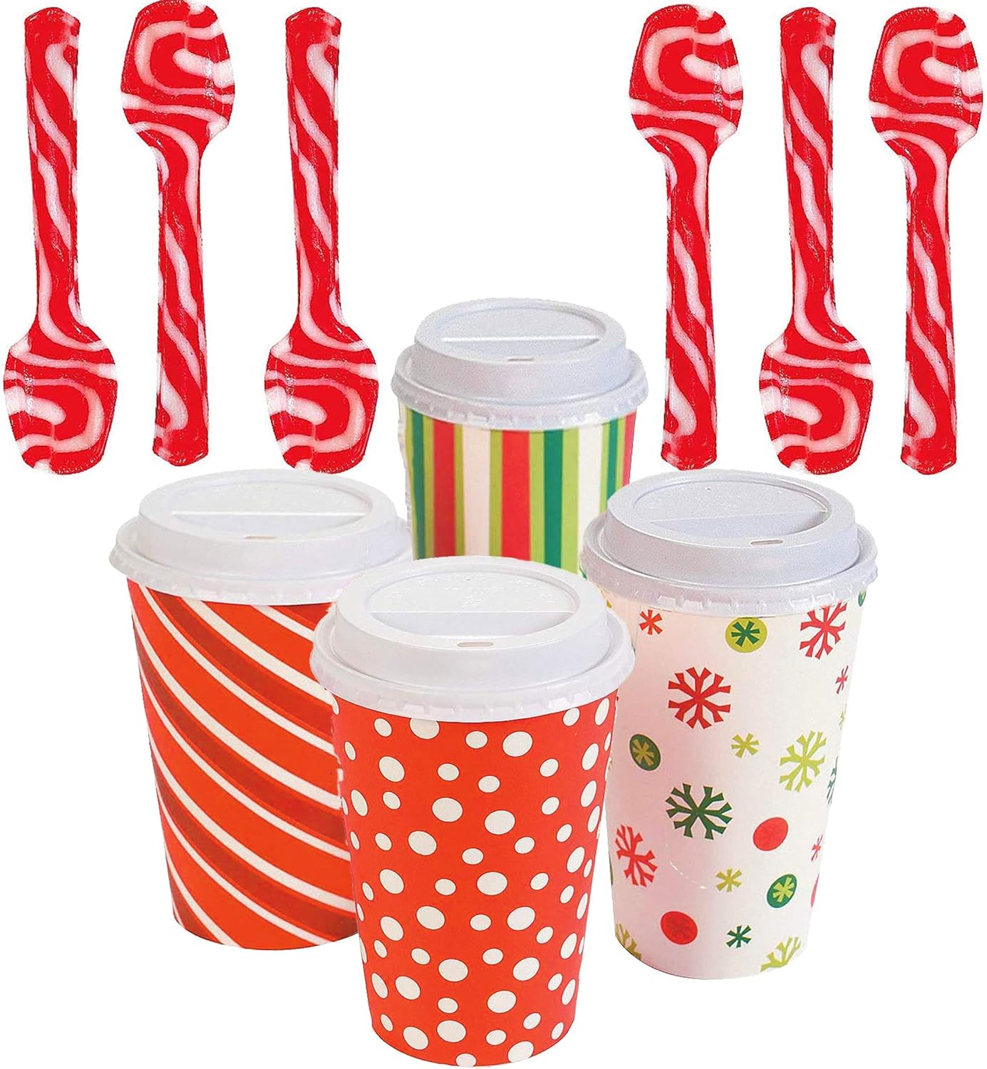 6 Candy Cane Spoons Individually Wrapped with 6 Coffee Cups & Lids