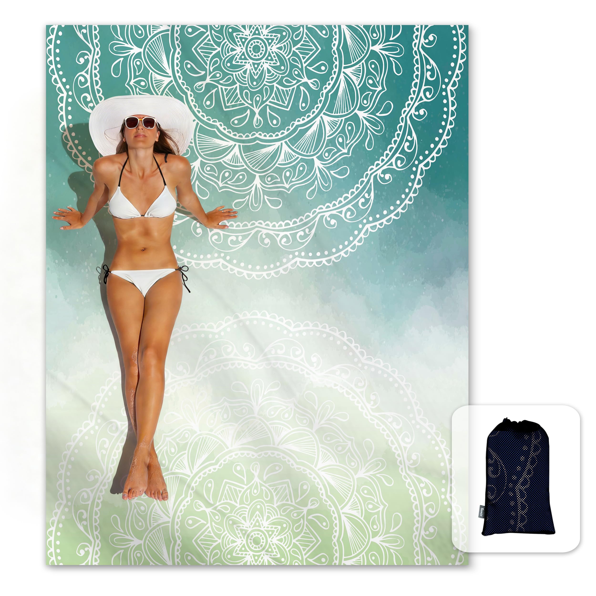 Sunlit Silky Soft Boho Sand Proof Beach Blanket Sand Proof Mat with Corner Pockets and Mesh Bag 6 x 7 Inches for Beach Party, Travel, Camping and Outdoor Music Festival, Tiffany Green Mandala