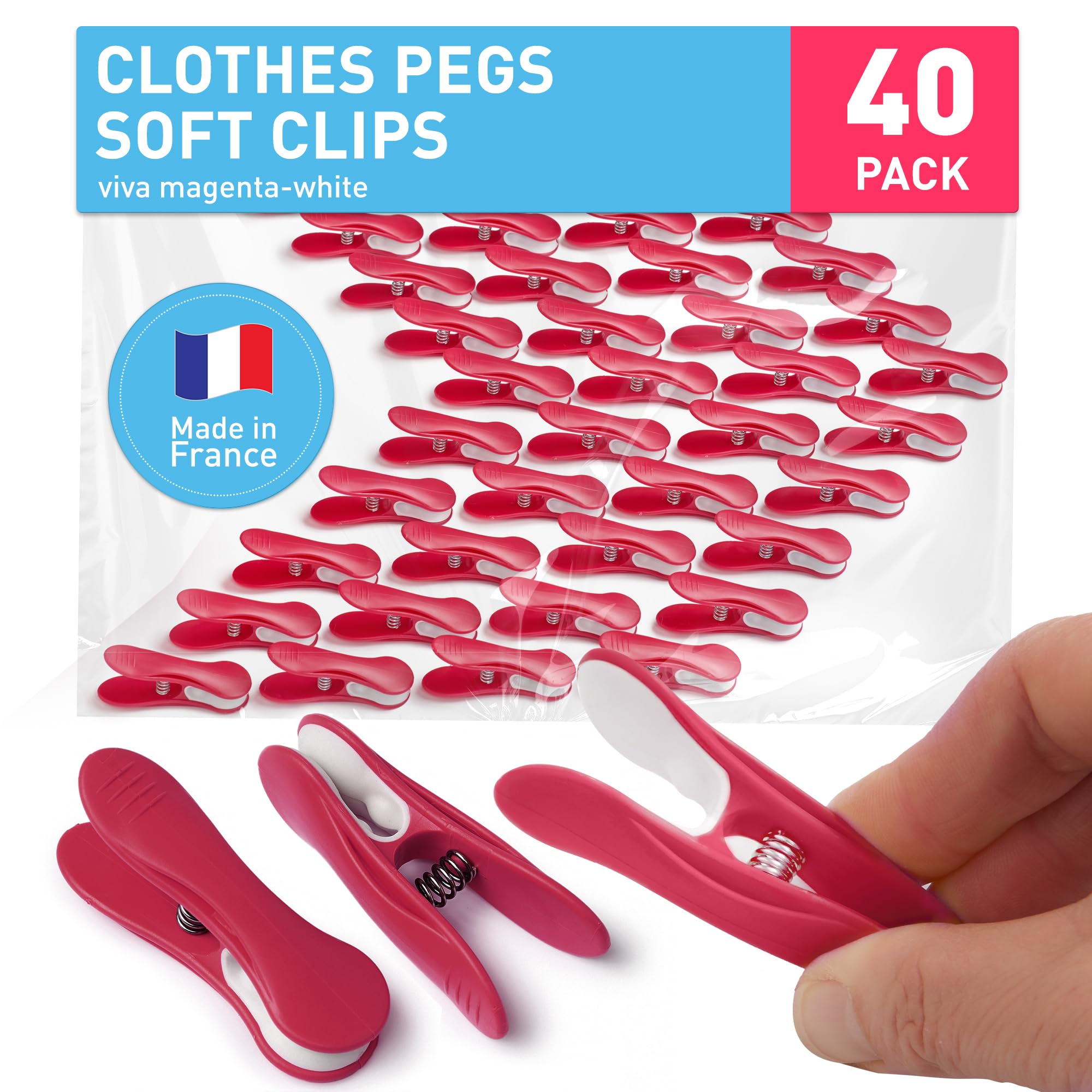 culiclean Clothes Pegs for Washing Line – Strong Soft Grip Washing Pegs Soft Clips – Durable Plastic Laundry Pegs for Indoor and Outdoor Use – Heavy Duty Clothes Clips – 40 Pack – viva magenta-white