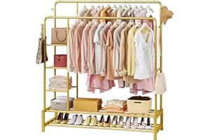 JOISCOPE 47'' * 67'' Heavy Duty Clothes Rack, Double Rods Clothing Racks for Hanging Clothes, Garment Rack with 5 Tier Closet Shelves & 4 Hooks for Clothing Storage, Metal Gold Clothing Rack
